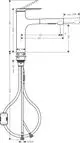 Hansgrohe Spültischmischer mit Ausziehbrause, schematische Darstellung mit Maßen, Anschlussleitungen und Montageoptionen.  Design für Küchenanwendungen.